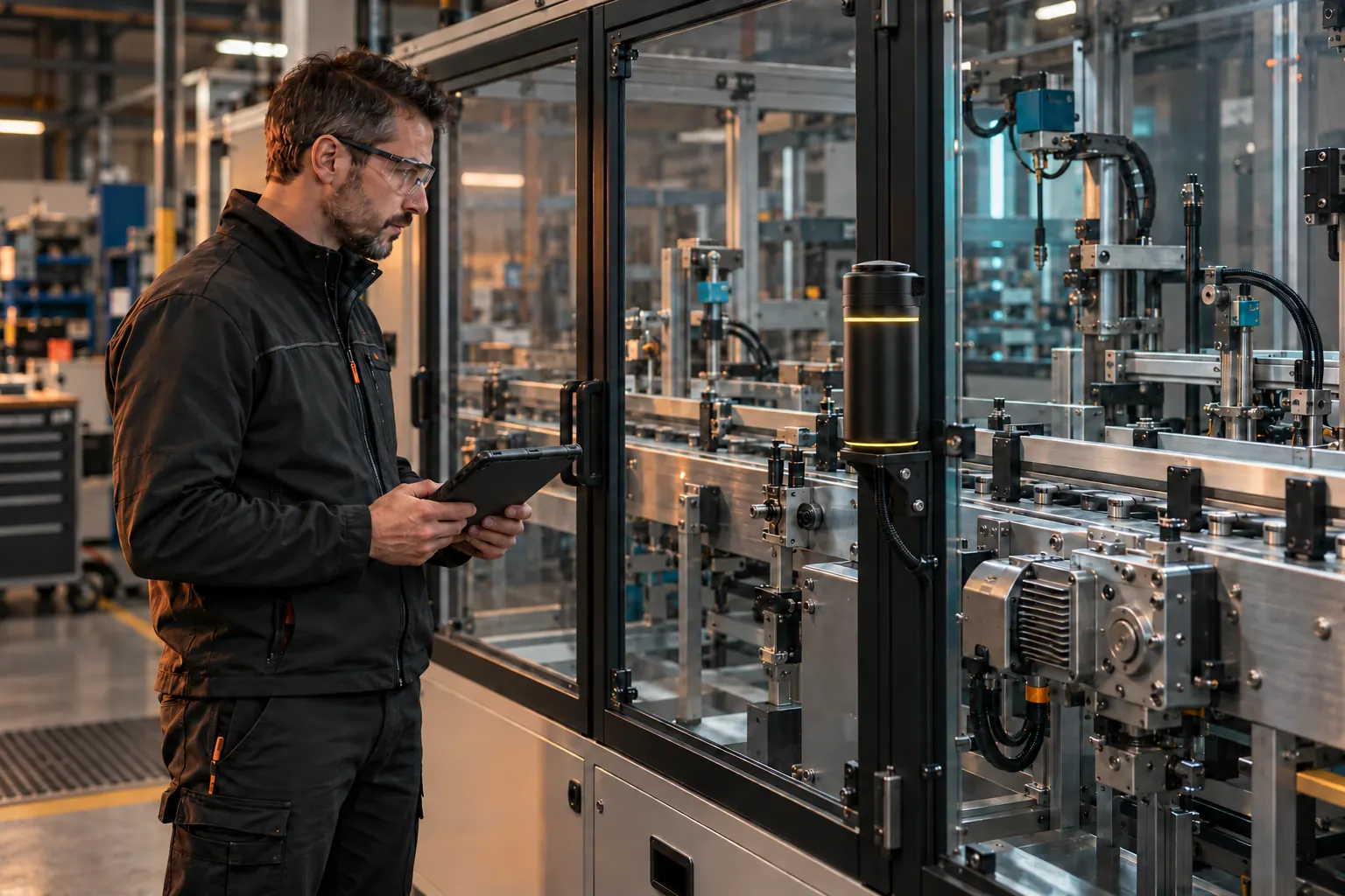 Ein Ingenieur mit Tablet neben einer geschlossenen Produktionszelle. Am äußeren Rahmen sitzt eine schwarze zylindrische Einheit mit zur Anlage gerichtetem Kamerakopf.