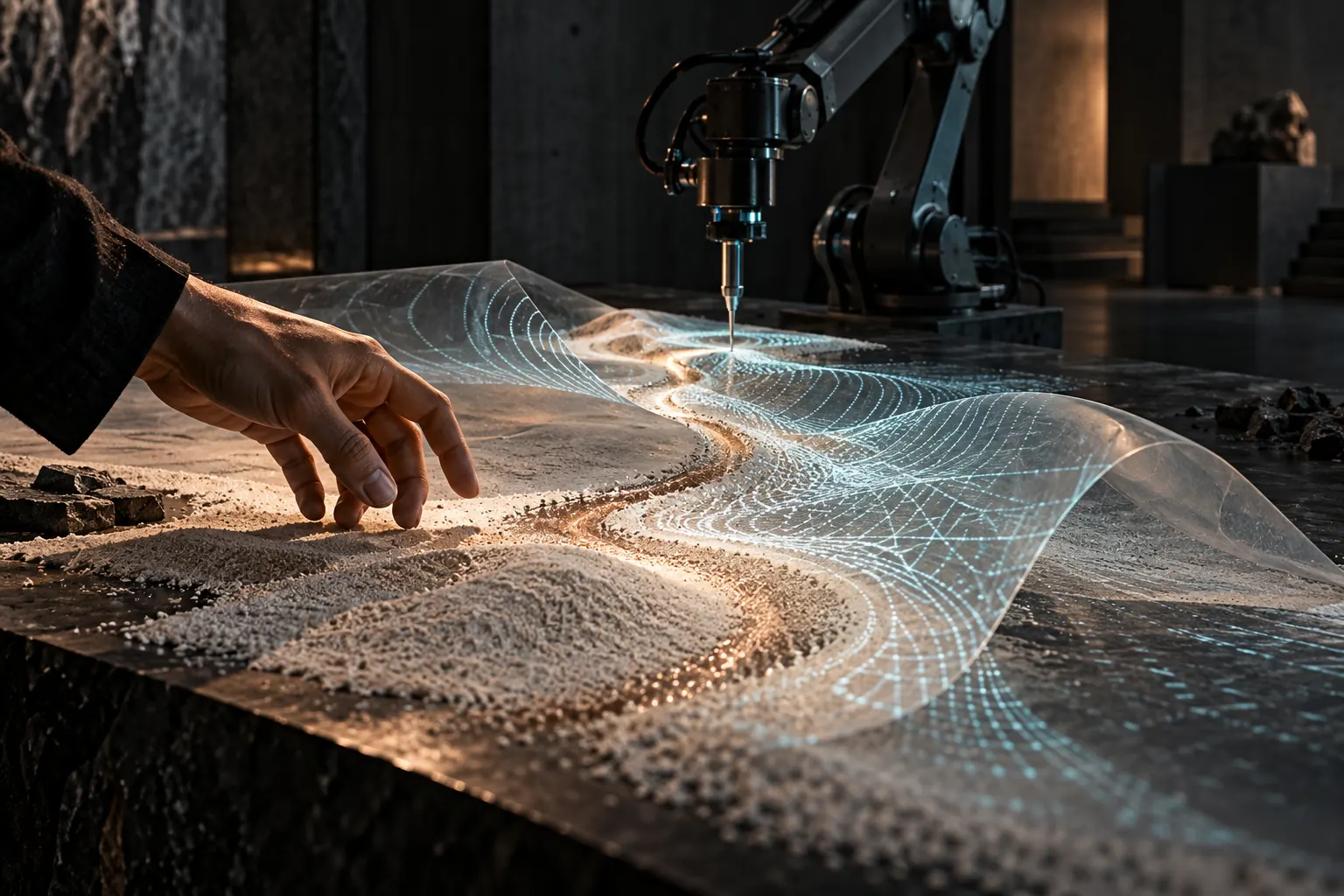 Eine menschliche Hand und ein robotisches Werkzeug begegnen sich auf einer Materialfläche mit projizierter Struktur.