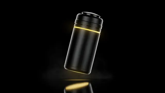 Geschlossener schwarzer Zylinder mit gelber Lichtnaht: ein Designentwurf für eine lokale KI-Einheit.
