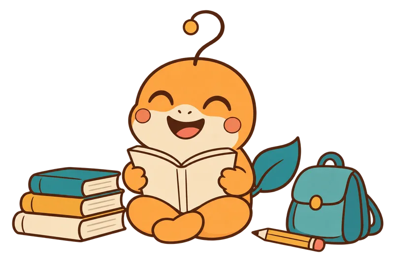Die Menino-Figur liest zwischen Büchern und einem Schulranzen.